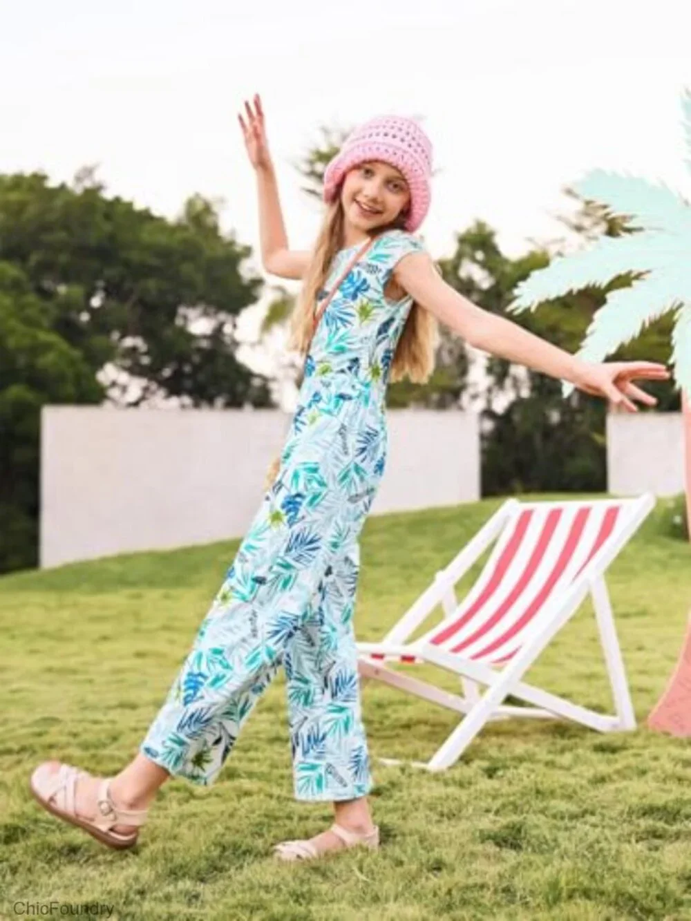 Girls Ribbed Cap Sleeve Wide Leg Jumpsuit Floral Print
